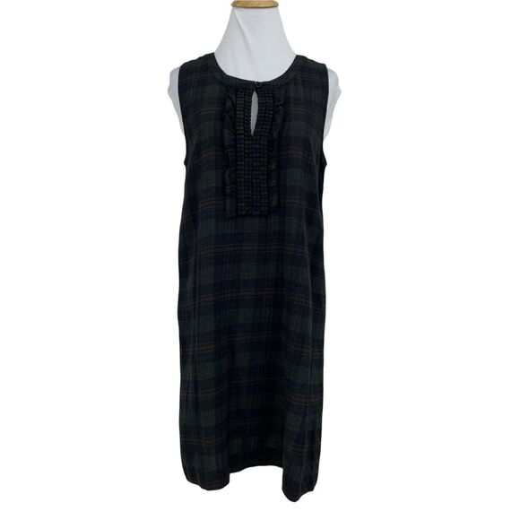 Theory Wool Blend Shift Dress Women Size 8 Dark Plaid Keyhole Sleeveless Stretch - Picture 1 of 10